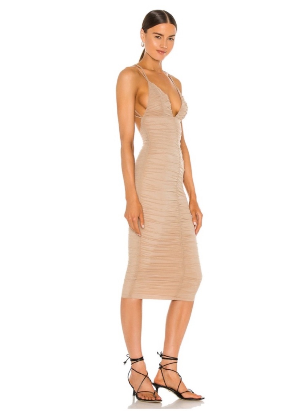 MICHAEL COSTELLO X REVOLVE Fiji Nude Ruched Bodycon Midi Dress Strappy Back XS